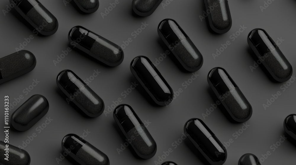Seamless pattern of black capsules on dark background: modern minimalist design Seamless pattern of black capsules on dark background: modern minimalist design