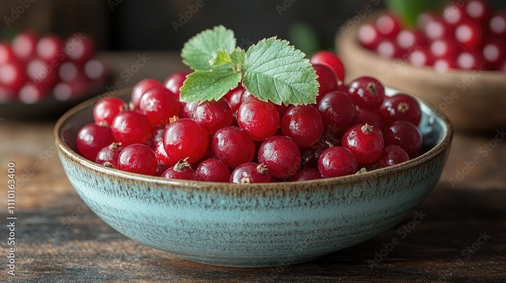 Freshly picked ripe red berries in a rustic bowl garnished with green leaves on a wooden table setting Freshly picked ripe red berries in a rustic bowl garnished with green leaves on a wooden table setting