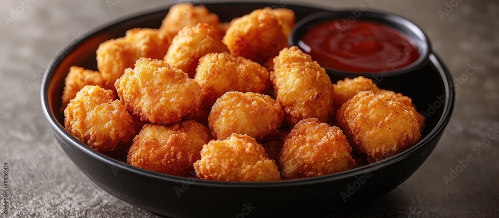 Crispy deep fried popcorn chicken nuggets served in a bowl with dipping sauce for a delicious snack experience Crispy deep fried popcorn chicken nuggets served in a bowl with dipping sauce for a delicious snack experience