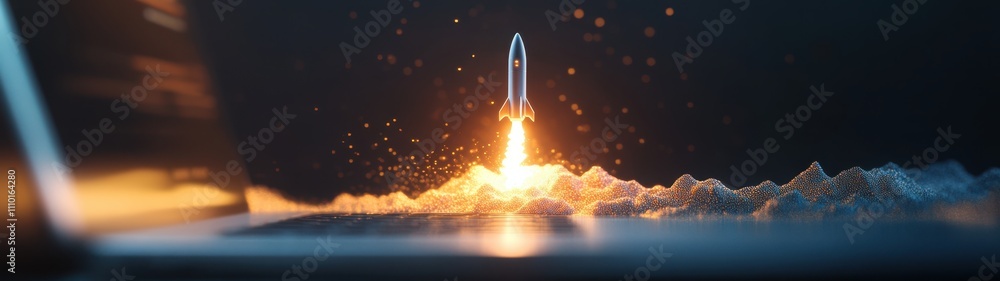 Fototapeta premium Futuristic Laptop with Launching Rocket, Symbolizing Innovation and Aspirations, Open Space for Ideas and Creativity