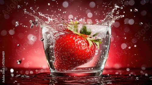 Strawberry Splashing into Glass of Water with Bokeh Background Creating a Refreshing and Dynamic Visual Effect photo