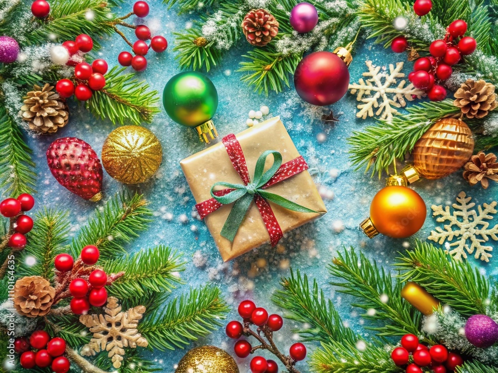 Aerial View of a Festive Christmas Background with Snowflakes, Pine Branches, Ornaments, and Gifts Creating a Cozy Holiday Atmosphere Aerial View of a Festive Christmas Background with Snowflakes, Pine Branches, Ornaments, and Gifts Creating a Cozy Holiday Atmosphere