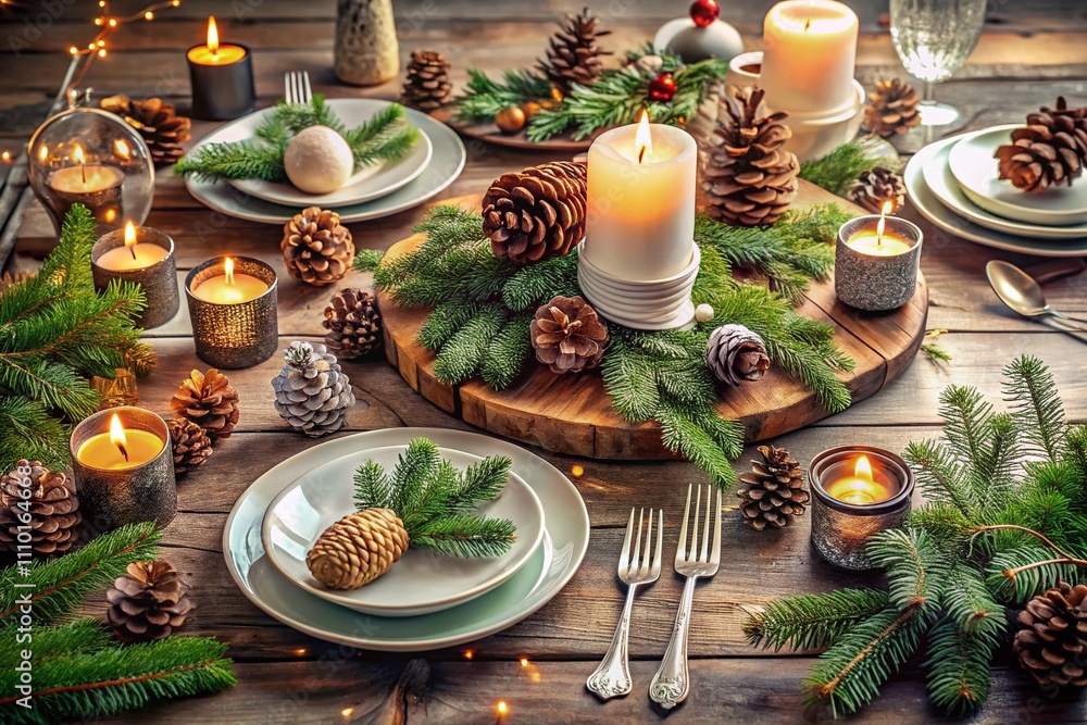 Aerial View of a Festive Scandinavian Style Christmas and New Year Table Setting with Rustic Handmade Details, Natural Decor, Pine Cones, Branches, and Candles Aerial View of a Festive Scandinavian Style Christmas and New Year Table Setting with Rustic Handmade Details, Natural Decor, Pine Cones, Branches, and Candles