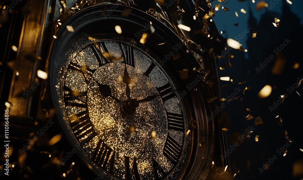 Obraz premium Close-up of a vintage style clock showing midnight of new year's eve, with sparkles and gold bands