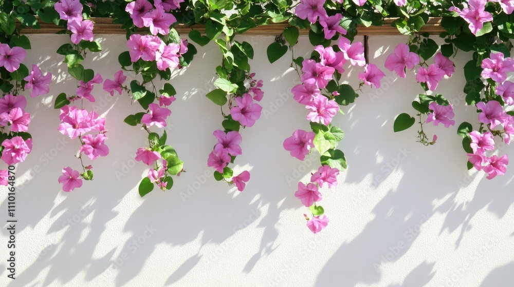 Stucco wall adorned with wooden trellis and climbing pink vine flowers showcasing a blend of nature and modern security light interplay. Stucco wall adorned with wooden trellis and climbing pink vine flowers showcasing a blend of nature and modern security light interplay.