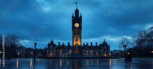 Bradford City Hall at Dusk: A Majestic Reflection
