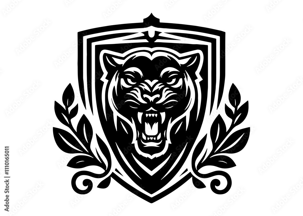 Obraz premium Roaring Panther head inside heraldic shield Silhouette Vector Illustration