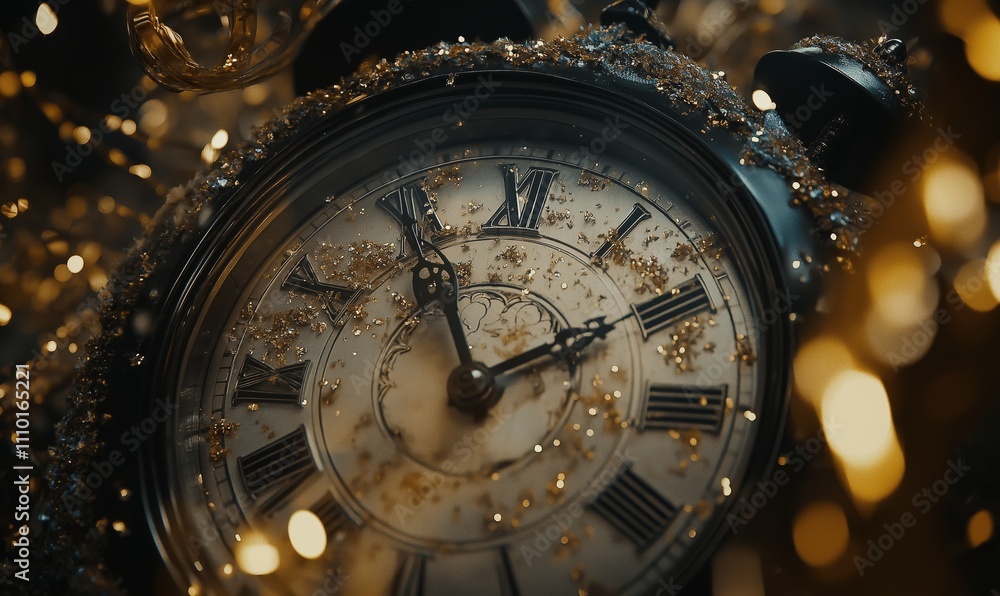 Obraz premium Close-up of a vintage style clock showing midnight of new year's eve, with sparkles and gold bands