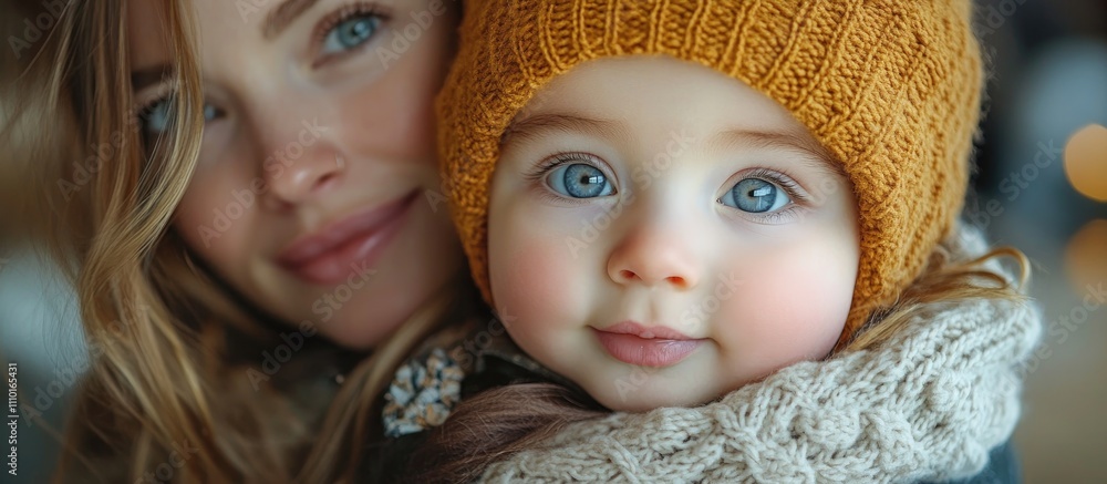 Mother and baby boy sharing a tender moment in winter attire with bright blue eyes and a cozy atmosphere Mother and baby boy sharing a tender moment in winter attire with bright blue eyes and a cozy atmosphere