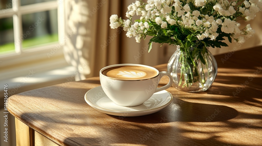 Melange coffee elegantly sits in a white cup beside a delicate vase of flowers, bathed in warm sunlight, creating a cozy and inviting atmosphere. Melange coffee elegantly sits in a white cup beside a delicate vase of flowers, bathed in warm sunlight, creating a cozy and inviting atmosphere.