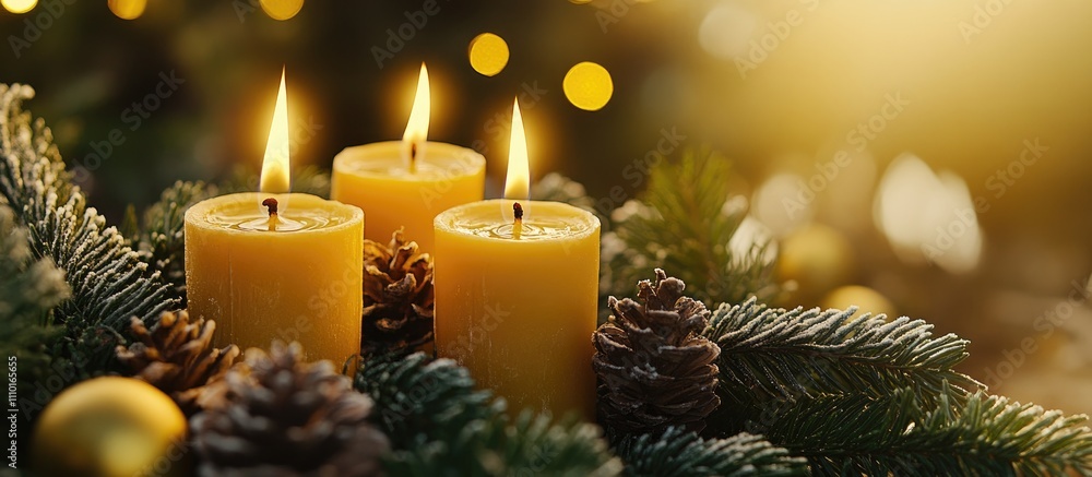 Advent candles with three flames glowing amidst pine branches and Christmas decorations creating a warm festive atmosphere Advent candles with three flames glowing amidst pine branches and Christmas decorations creating a warm festive atmosphere