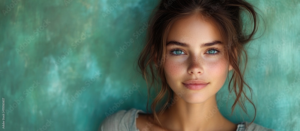 Brunette woman with natural beauty posing in casual attire against a textured green background highlighting her youthful features Brunette woman with natural beauty posing in casual attire against a textured green background highlighting her youthful features