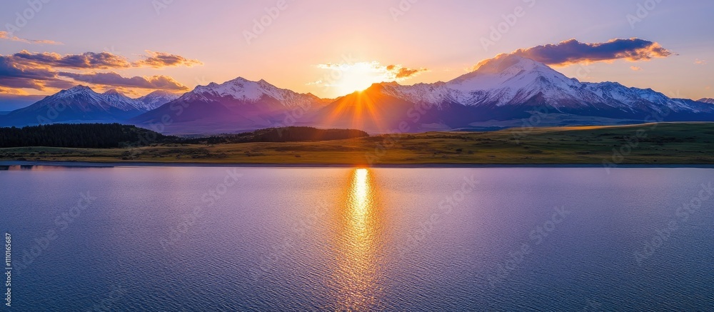 Aerial view of serene lake and majestic mountains at sunset with vibrant colors reflecting on water surface Aerial view of serene lake and majestic mountains at sunset with vibrant colors reflecting on water surface