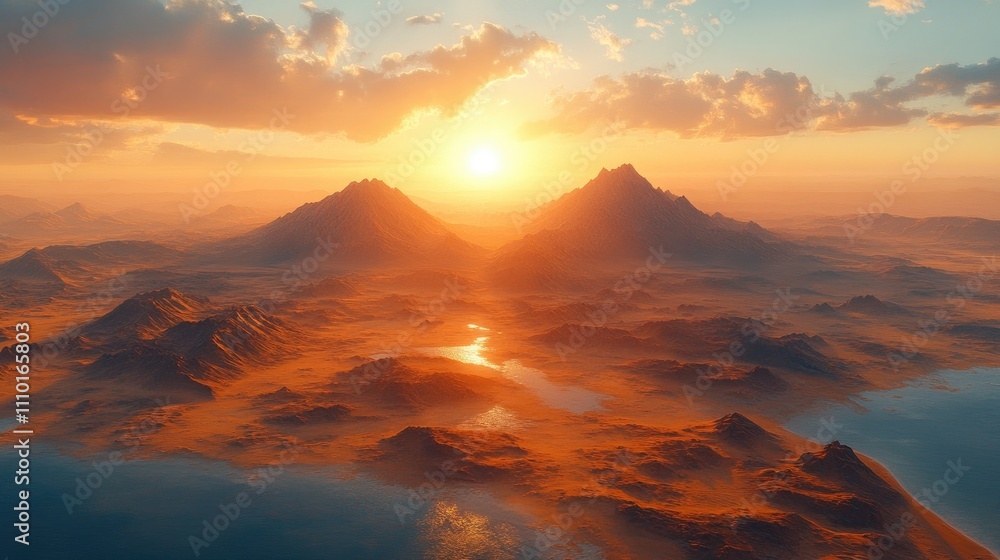 Aerial view of a serene desert landscape at sunrise with mountains and soft clouds in a breathtaking natural scenery Aerial view of a serene desert landscape at sunrise with mountains and soft clouds in a breathtaking natural scenery