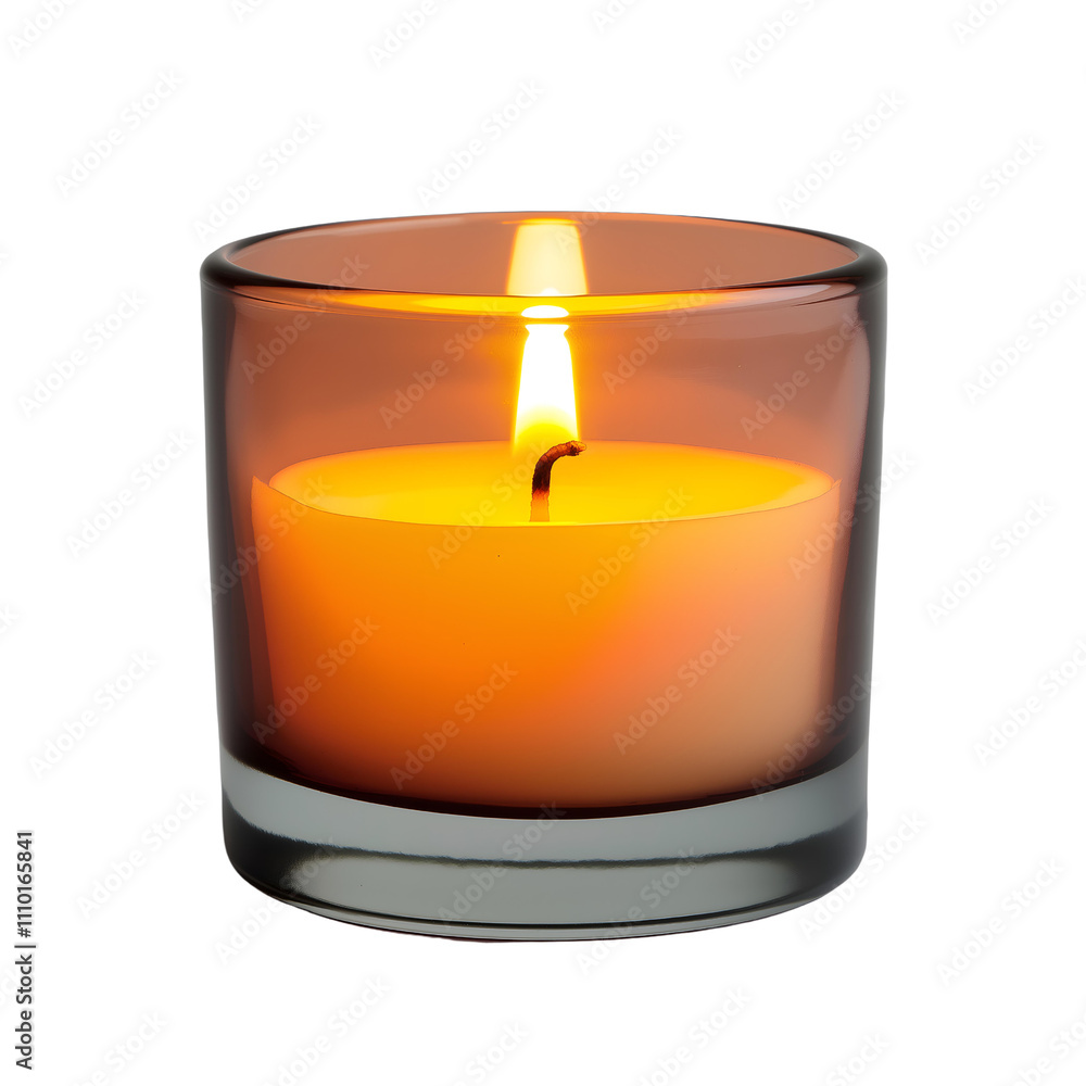 A warm, glowing candle in a glass holder, creating a cozy and inviting atmosphere, ideal for relaxation and ambiance.