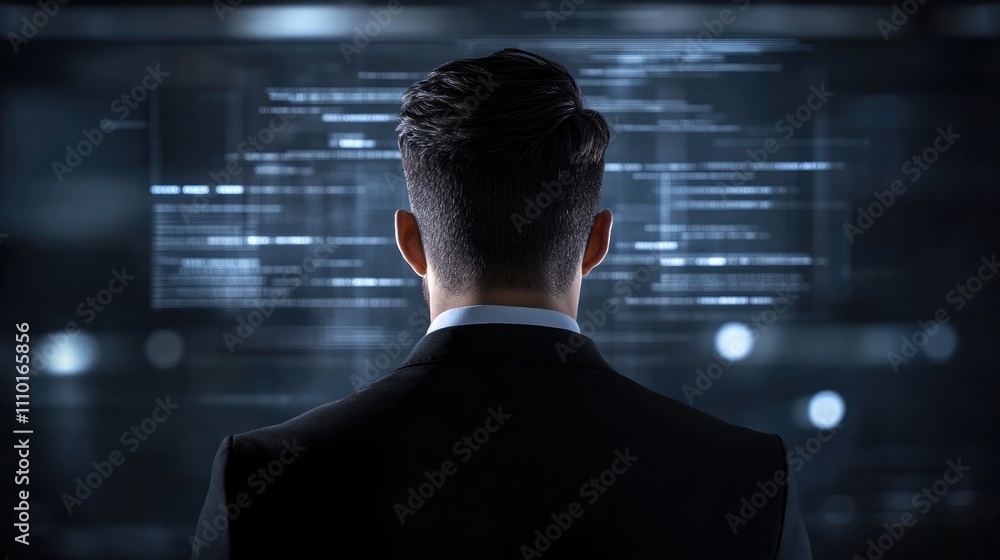 Young businessman analyzing data protection on a futuristic virtual screen in a modern business technology environment Young businessman analyzing data protection on a futuristic virtual screen in a modern business technology environment