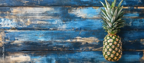 Aerial view of a vibrant pineapple on a textured blue wooden surface with ample copy space for summer holiday and vacation themes photo