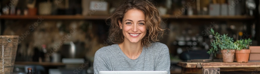Smiling woman in casual attire working on laptop at a cozy cafe, exuding confidence and relaxation, surrounded by plants and warm ambiance Smiling woman in casual attire working on laptop at a cozy cafe, exuding confidence and relaxation, surrounded by plants and warm ambiance