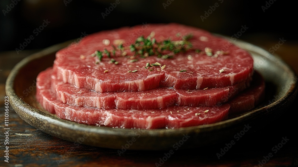 Freshly sliced beef on a rustic wooden plate garnished with herbs displayed on a dark wooden table Freshly sliced beef on a rustic wooden plate garnished with herbs displayed on a dark wooden table