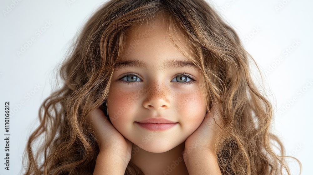 Charming young girl with curly hair smiling and gently touching her face against a light background Charming young girl with curly hair smiling and gently touching her face against a light background