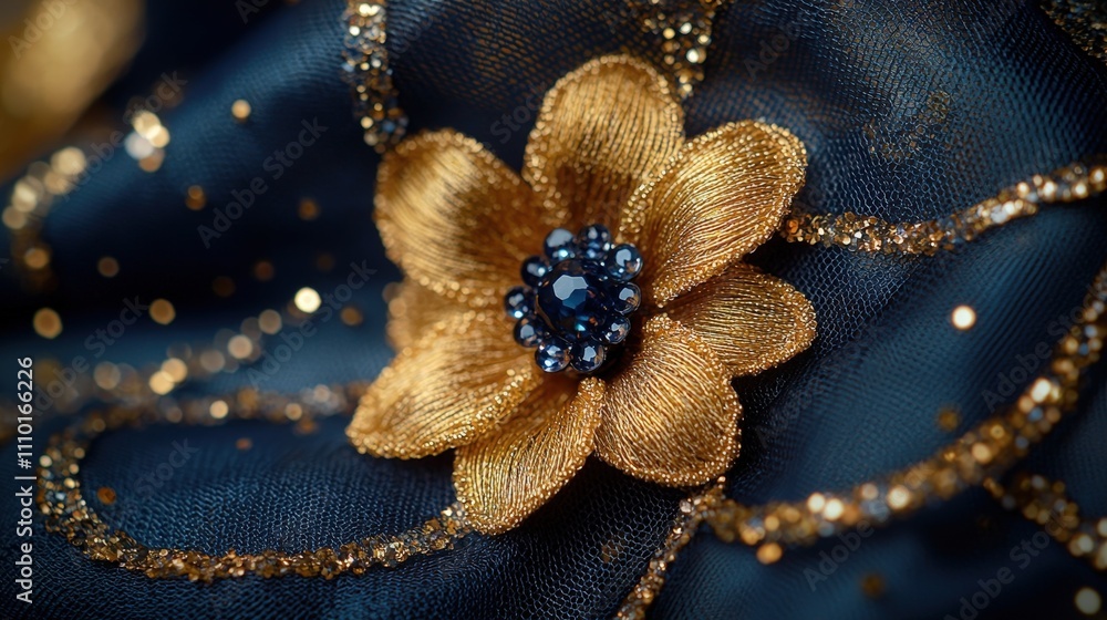 Naklejka premium Intricate gold embroidered flower on luxurious dark fabric with sparkling details