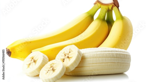 Fresh ripe bananas with brown spots and cut banana slices on a white background for healthy food and nutrition themes photo