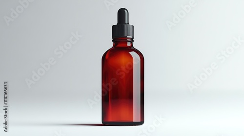 Amber glass dropper bottle with a black cap isolated on a clean white background ideal for product packaging or design presentations.