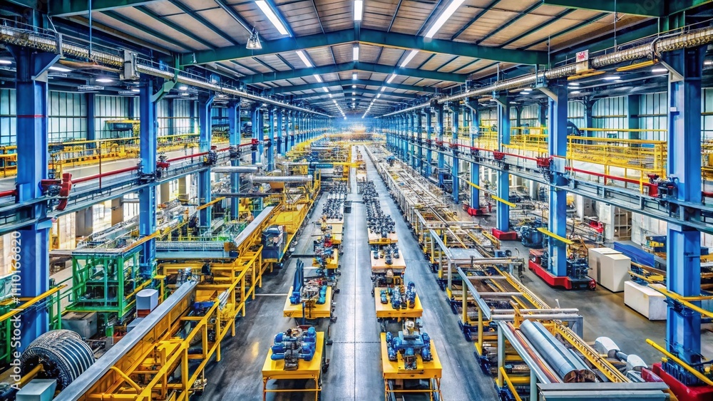 Aerial View of an Efficient Factory Assembly Line with Machines in Operation, Highlighting Industrial Productivity and Modern Manufacturing Processes Aerial View of an Efficient Factory Assembly Line with Machines in Operation, Highlighting Industrial Productivity and Modern Manufacturing Processes