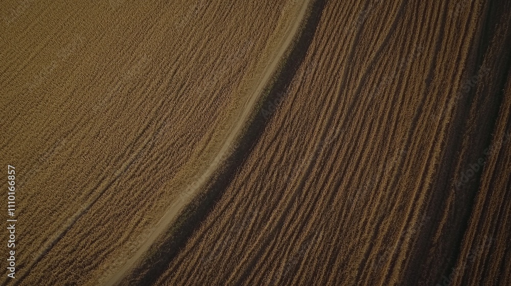 Aerial view of agricultural tractor tracks creating patterns in freshly plowed field soil showcasing farming land preparation techniques Aerial view of agricultural tractor tracks creating patterns in freshly plowed field soil showcasing farming land preparation techniques