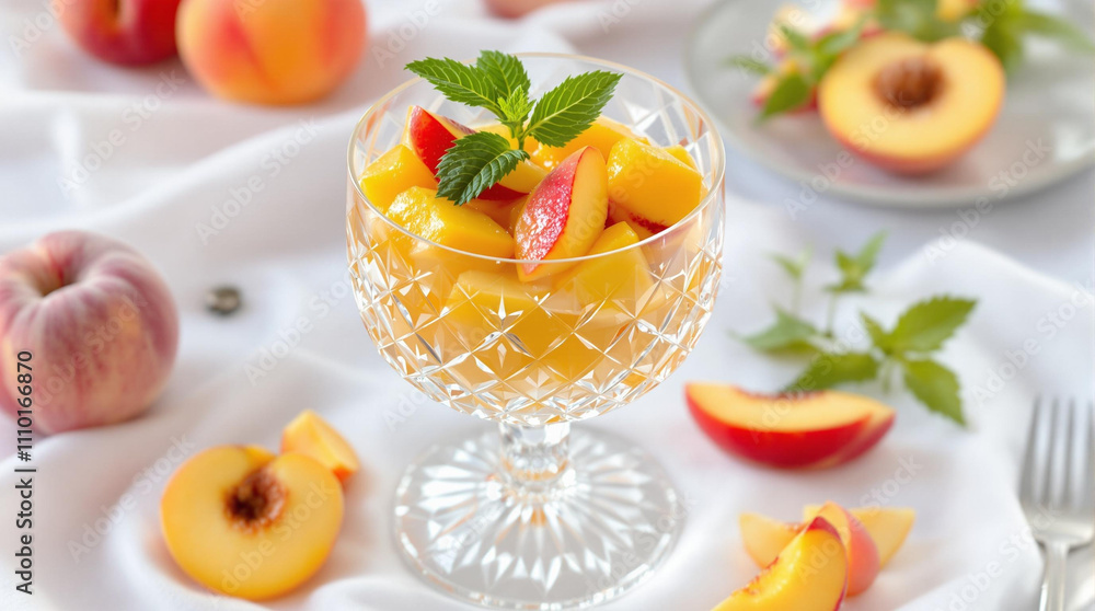 Peach compote served in a crystal glass with mint leaves, fresh and vibrant dessert display Peach compote served in a crystal glass with mint leaves, fresh and vibrant dessert display