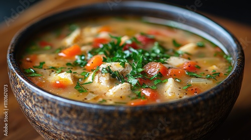 Warm chicken soup garnished with herbs in a rustic bowl on a wooden surface inviting comfort and home-cooked goodness