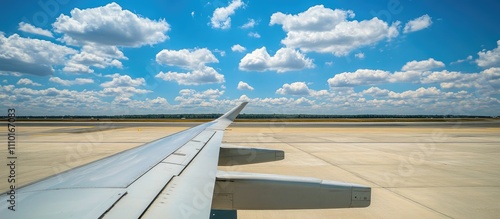 Airplane wing extending over runway beneath a clear blue sky filled with fluffy clouds showcasing travel and aviation themes. photo