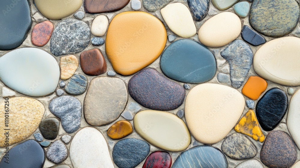 A striking image of abstract, multi-colored pebbles forming a cohesive, intricate mosaic pattern on a smooth surface A striking image of abstract, multi-colored pebbles forming a cohesive, intricate mosaic pattern on a smooth surface