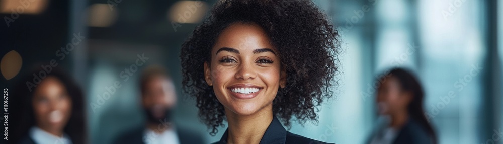 Confident Businesswoman Smiling in Modern Office Atmosphere with Diverse Team Members in Background Displaying Professionalism and Camaraderie Confident Businesswoman Smiling in Modern Office Atmosphere with Diverse Team Members in Background Displaying Professionalism and Camaraderie