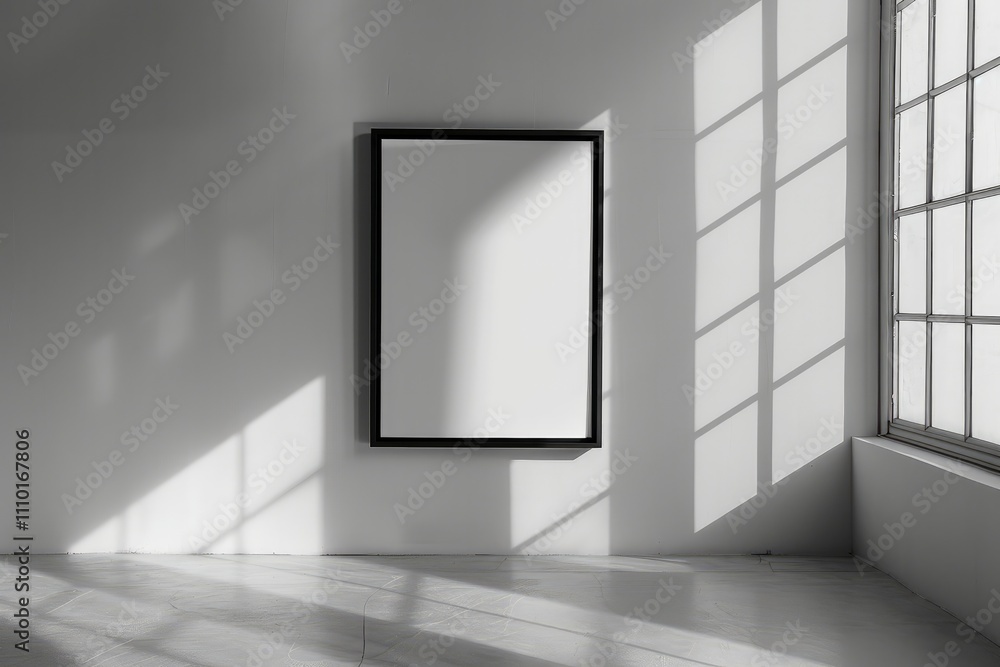 Two blank white paintings in black frame hanging on wall in empty stylish room. Interior mockup with photos on wall. Empty picture frames for editing and design Two blank white paintings in black frame hanging on wall in empty stylish room. Interior mockup with photos on wall. Empty picture frames for editing and design