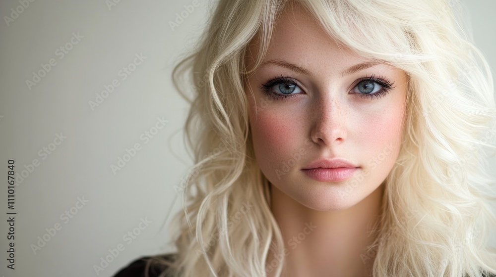 Blonde woman with beautiful features and soft curls captured against a neutral background emphasizing natural beauty and elegance Blonde woman with beautiful features and soft curls captured against a neutral background emphasizing natural beauty and elegance
