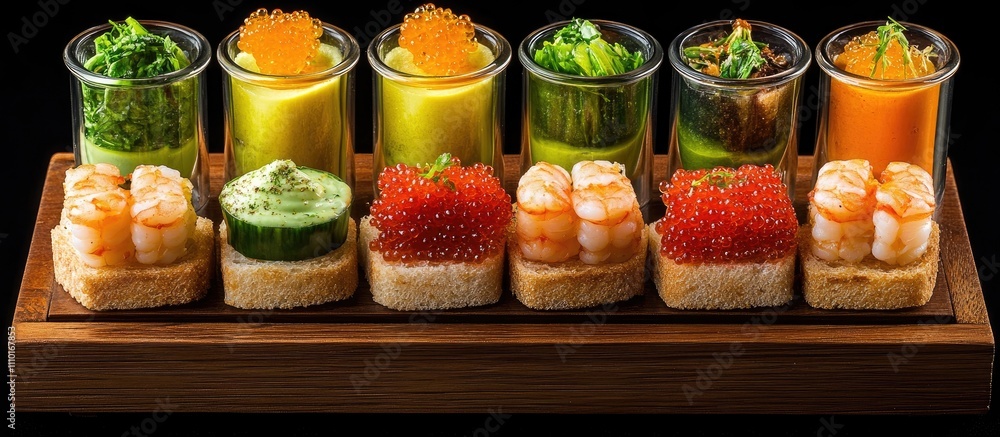 Elegant aperitif platter with an assortment of canapes, shrimp, red caviar, and vibrant vegetable samples for outdoor catering events. Elegant aperitif platter with an assortment of canapes, shrimp, red caviar, and vibrant vegetable samples for outdoor catering events.
