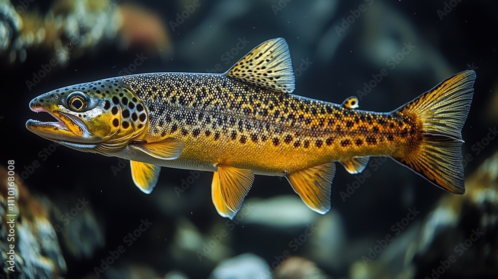 Vibrant brown trout swimming underwater in clear river stream Vibrant brown trout swimming underwater in clear river stream