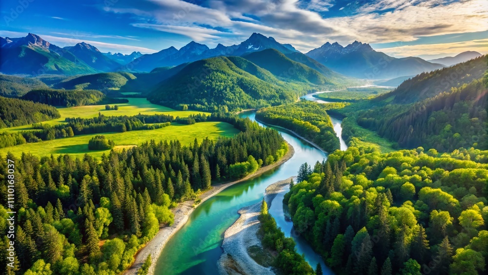 Aerial View of a Serene Landscape Featuring Lush Green Forests, Meandering Rivers, and Majestic Mountains Captured in Stunning Detail for Nature Enthusiasts and Travel Lovers Aerial View of a Serene Landscape Featuring Lush Green Forests, Meandering Rivers, and Majestic Mountains Captured in Stunning Detail for Nature Enthusiasts and Travel Lovers