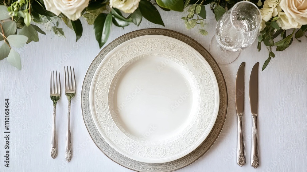 A table with a white tablecloth and a fancy dinner set