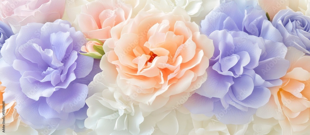 Elegant pastel roses in shades of blue and peach arranged harmoniously against a soft floral background showcasing natural beauty. Elegant pastel roses in shades of blue and peach arranged harmoniously against a soft floral background showcasing natural beauty.