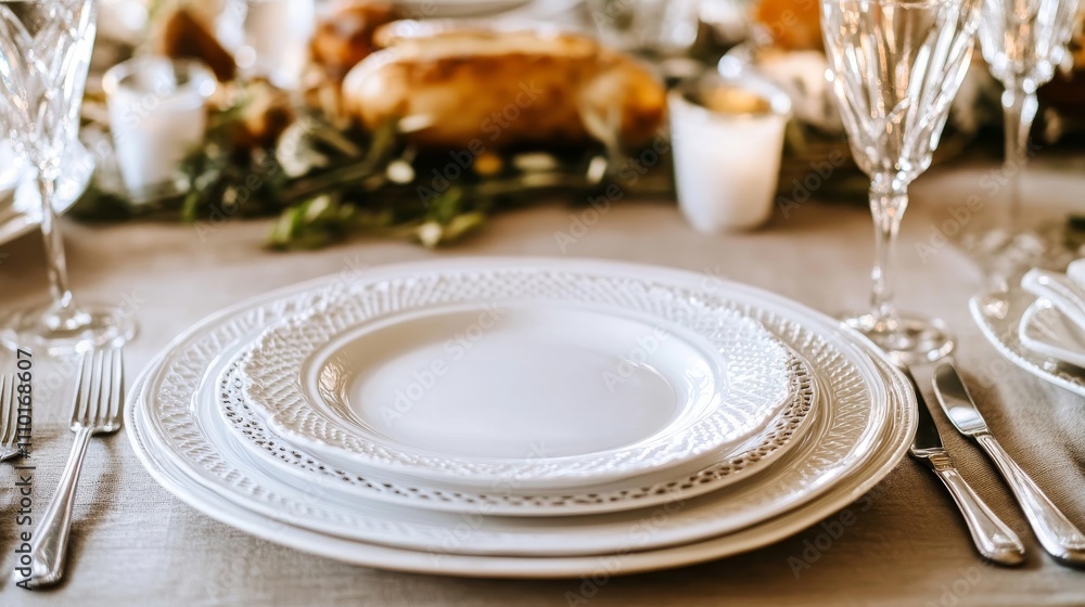 A table with a white tablecloth and a fancy dinner set A table with a white tablecloth and a fancy dinner set