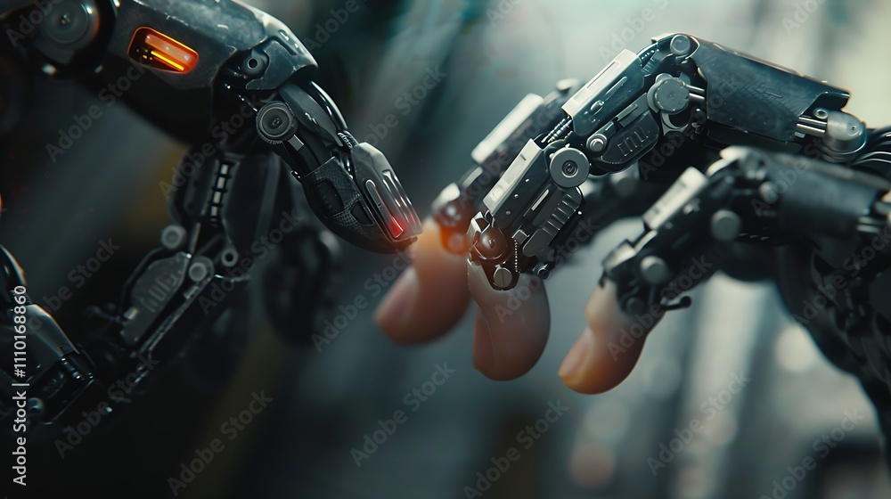 A human finger gently brushes across an iron robotic finger A human finger gently brushes across an iron robotic finger