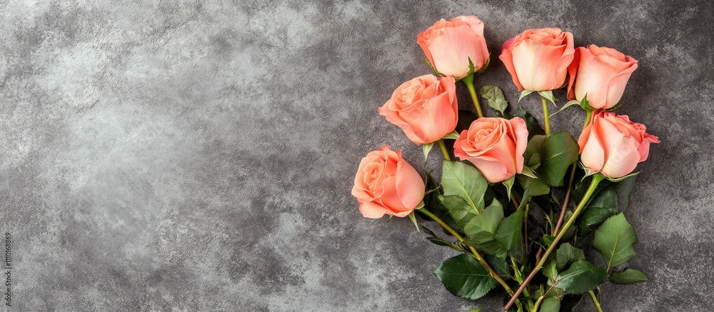 Romantic flat lay of pink rose bouquet perfect for wedding invitations on textured surface Romantic flat lay of pink rose bouquet perfect for wedding invitations on textured surface