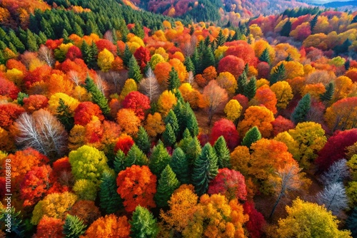 Aerial View of a Stunning Autumn Forest with Long Trees and Vibrant Watercolor Leaves Captured in a Beautiful Illustrated Painting Style