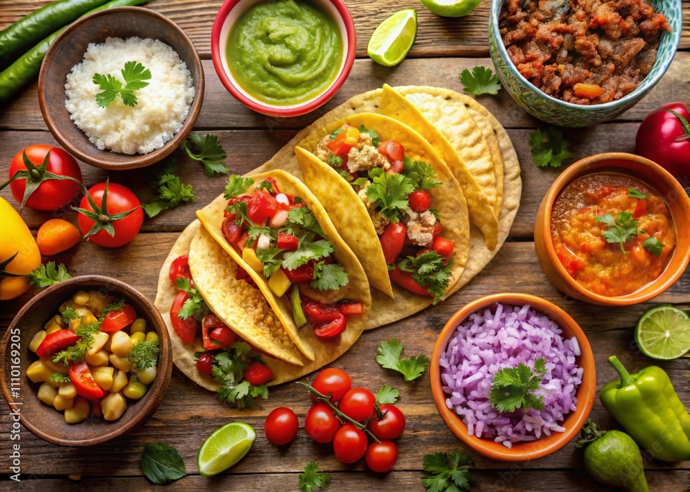 Aerial View of a Tempting Mexican Feast with Colorful Tacos, Fresh Guacamole, and Vibrant Side Dishes Perfect for Sharing with Friends and Family Aerial View of a Tempting Mexican Feast with Colorful Tacos, Fresh Guacamole, and Vibrant Side Dishes Perfect for Sharing with Friends and Family