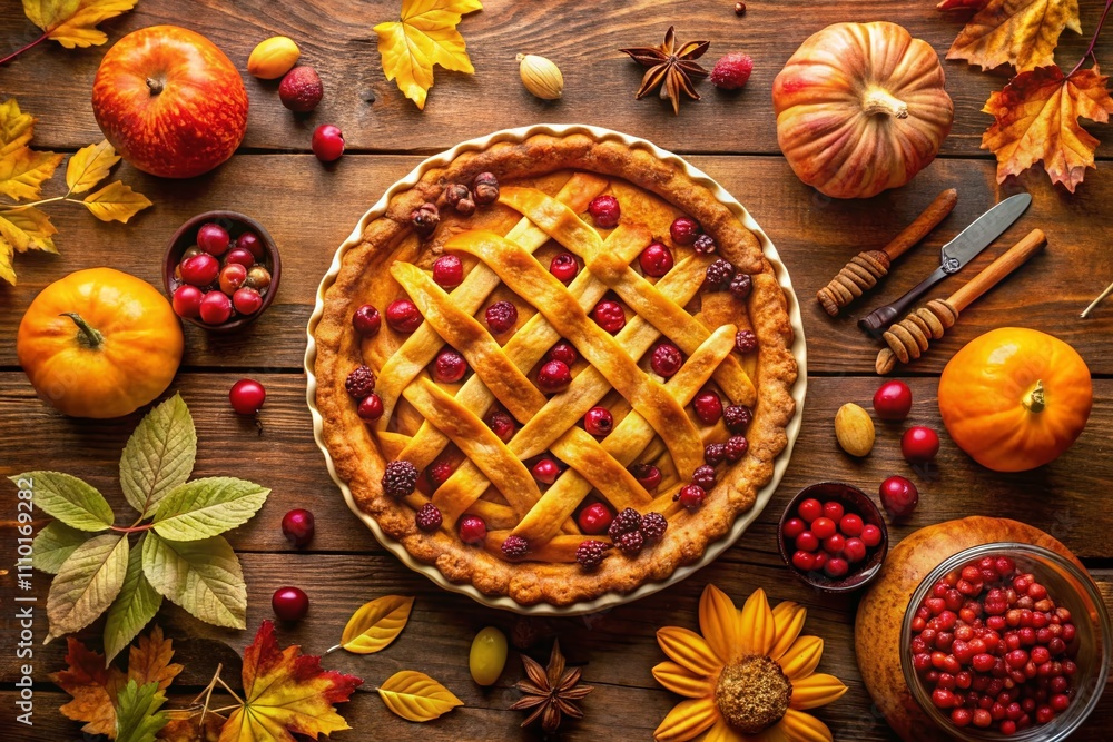 Aerial View of a Traditional Thanksgiving Pie on a Rustic Wooden Table Surrounded by Autumn Decor and Seasonal Ingredients, Perfect for Celebrating the Holiday Spirit Aerial View of a Traditional Thanksgiving Pie on a Rustic Wooden Table Surrounded by Autumn Decor and Seasonal Ingredients, Perfect for Celebrating the Holiday Spirit