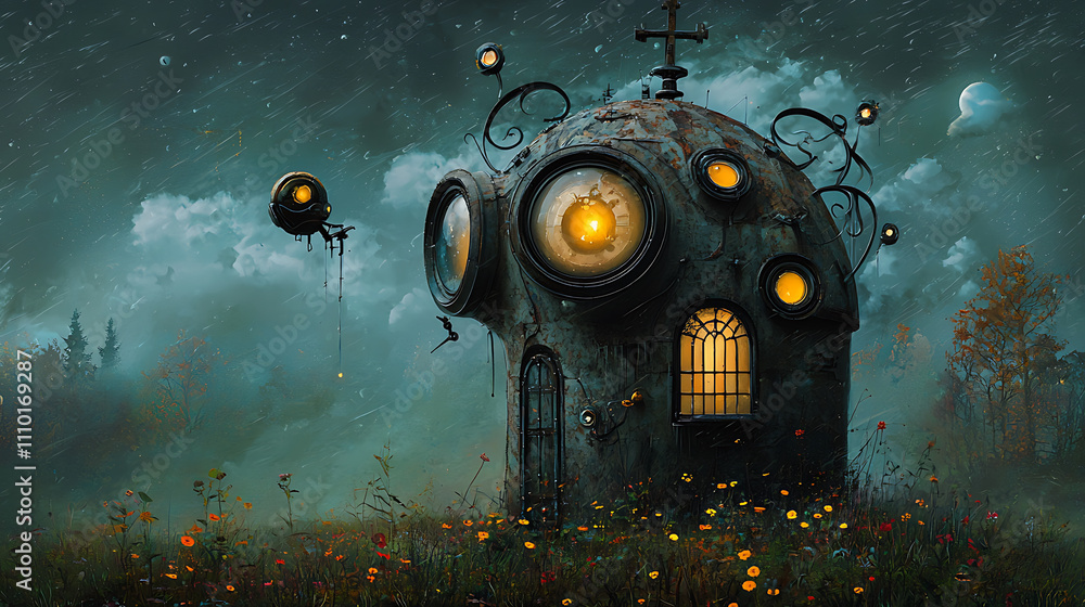 whimsical, gothic inspired house with large round windows and glowing lights, surrounded by colorful field of flowers under stormy sky whimsical, gothic inspired house with large round windows and glowing lights, surrounded by colorful field of flowers under stormy sky