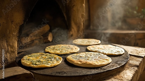 Chalupas cooking on a traditional comal in a rustic Puebla kitchen with smoke rising and earthy surroundings. photo