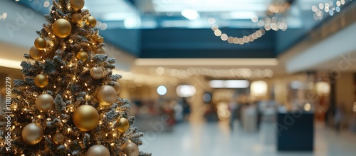 Christmas tree with golden ornaments in a blurred shopping mall background highlighting festive gift purchasing atmosphere photo